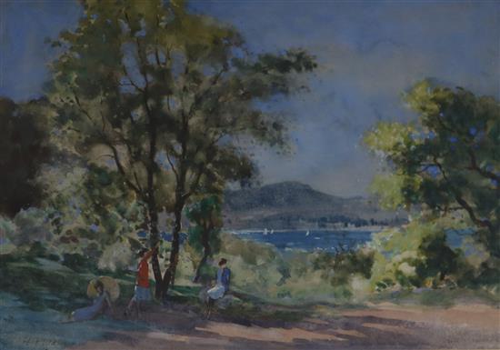 Henry Francis Waring, watercolour, Lake scene with figures, signed, 25 x 35cm.